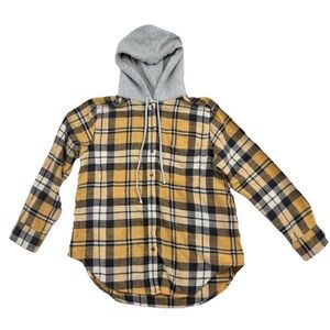 American Eagle Hooded Flannel Shirt Small Yellow Black Plaid Layered Hoodie